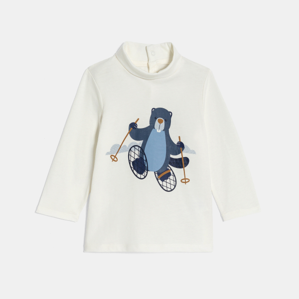 تيشيرت برقبة عالية وأكمام طويلة برسمة حيوان القندس باللون الأبيض للأولاد الصغار